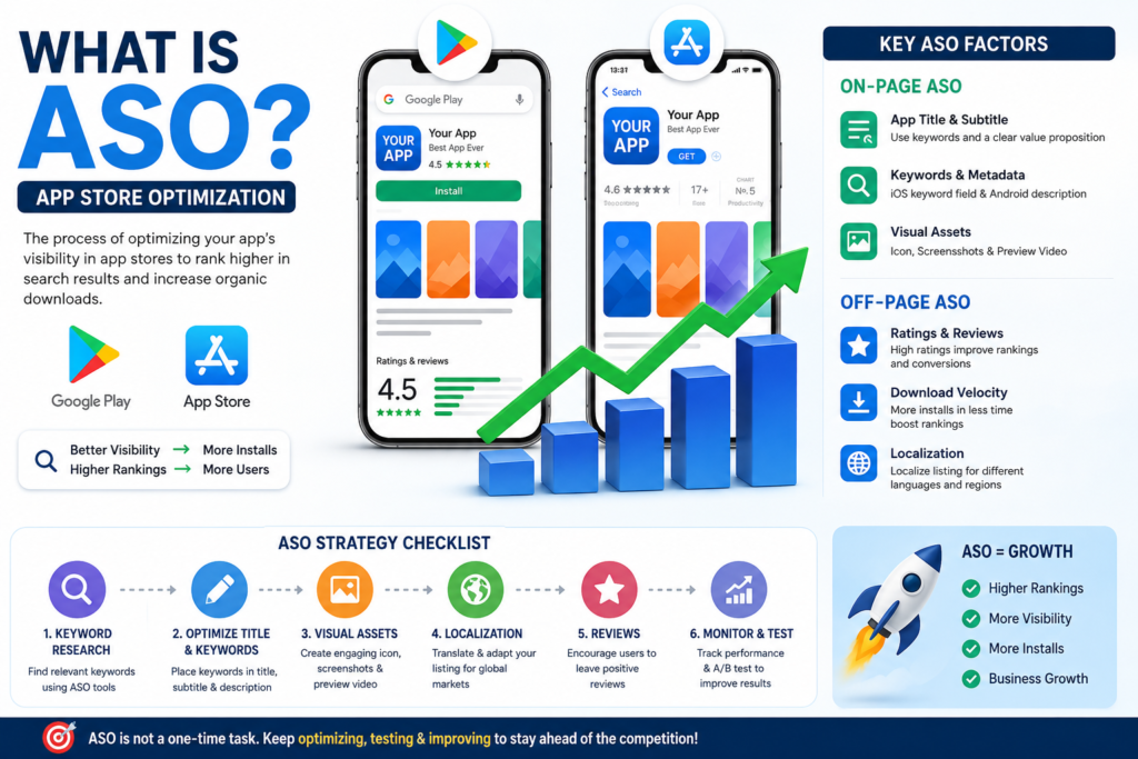 App Store Optimization (ASO) infographic showing Google Play and Apple App Store ranking factors.