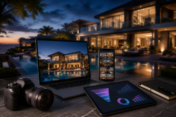 Luxury real estate digital marketing workspace featuring a modern laptop, smartphone, tablet with analytics, and a professional camera in the foreground, set against a stunning contemporary luxury villa with an illuminated infinity pool at dusk. The image conveys premium property marketing, digital technology, and high-end real estate sales without any text or branding.