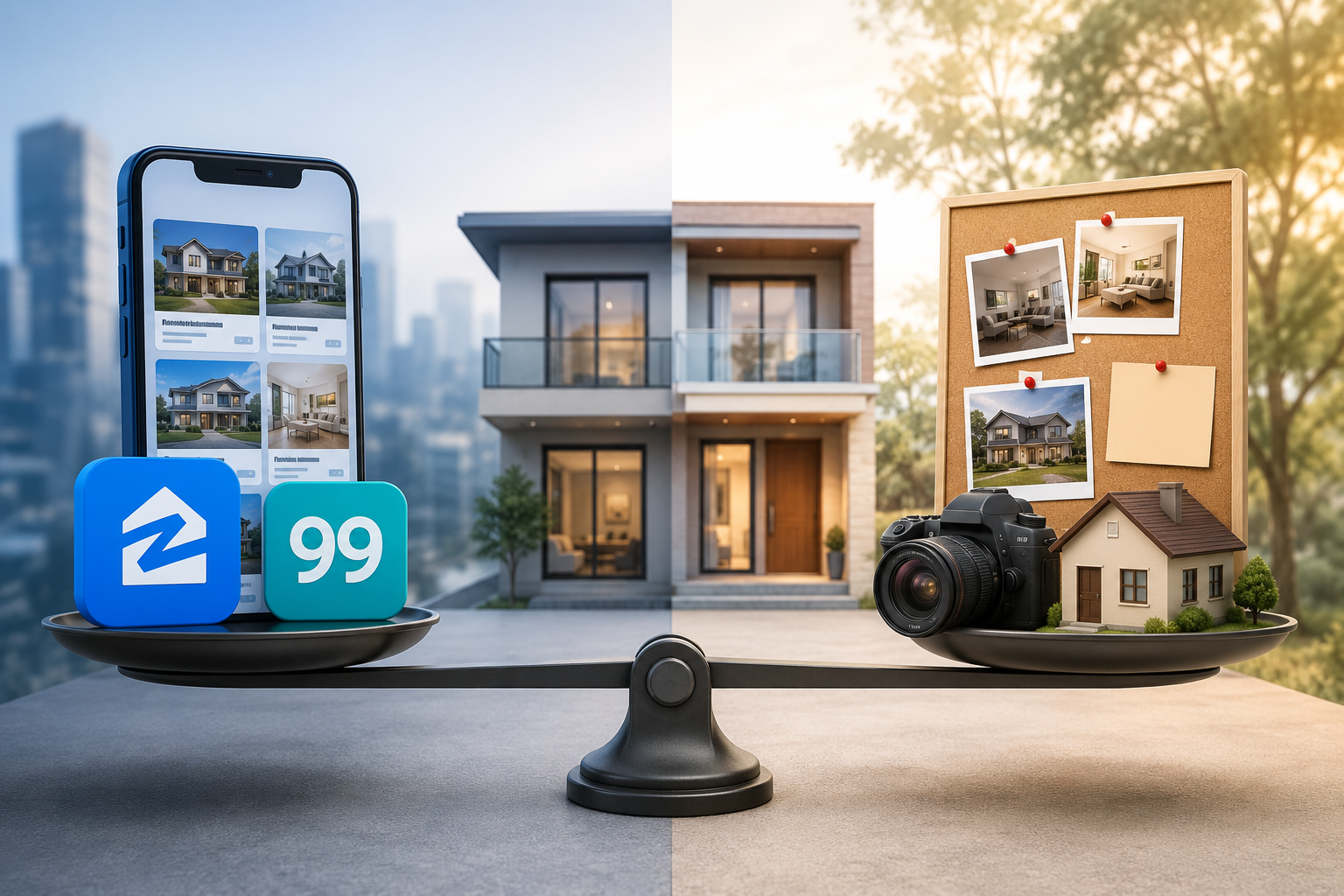 Modern luxury home centered between a smartphone displaying online real estate property listings and a professional camera with printed home photos, symbolizing the comparison between real estate portals and independent property advertising.