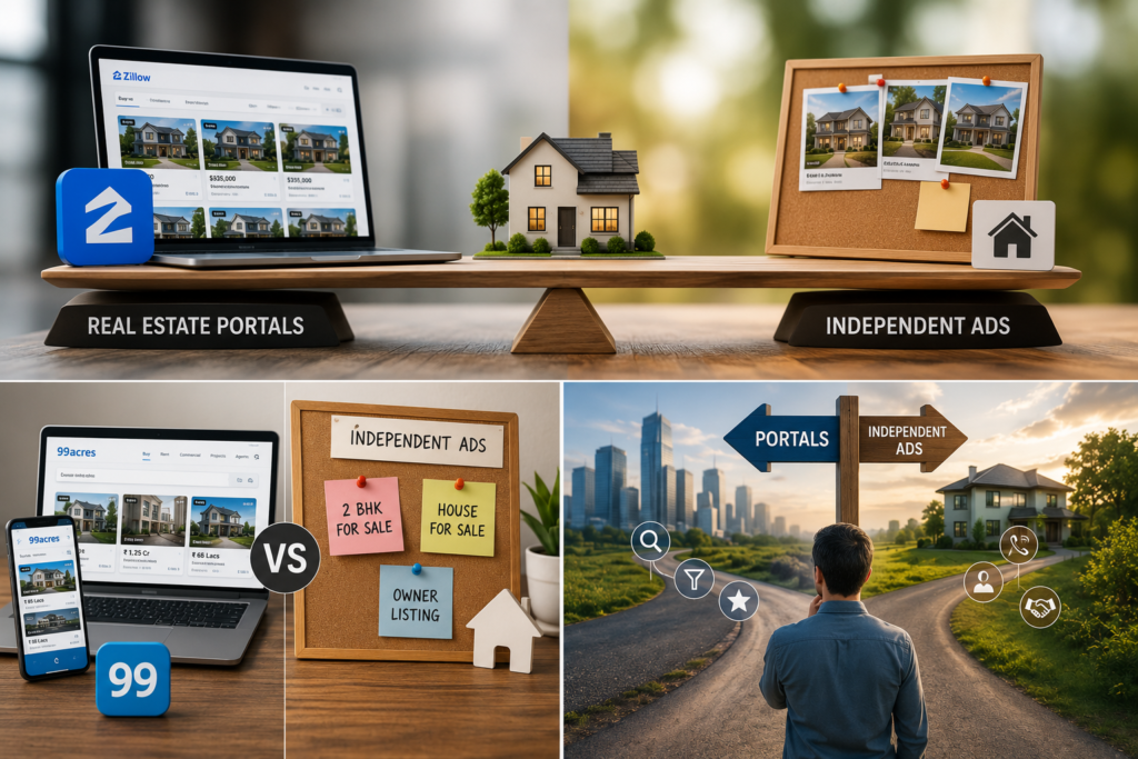 Comparison of real estate portals and independent advertising strategies featuring Zillow and 99acres property listings, a balanced home model, owner listing board, and a buyer choosing between online portals and direct property marketing methods.
