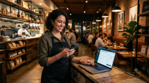 Restaurant owner managing direct online food orders through a branded website instead of third-party delivery apps