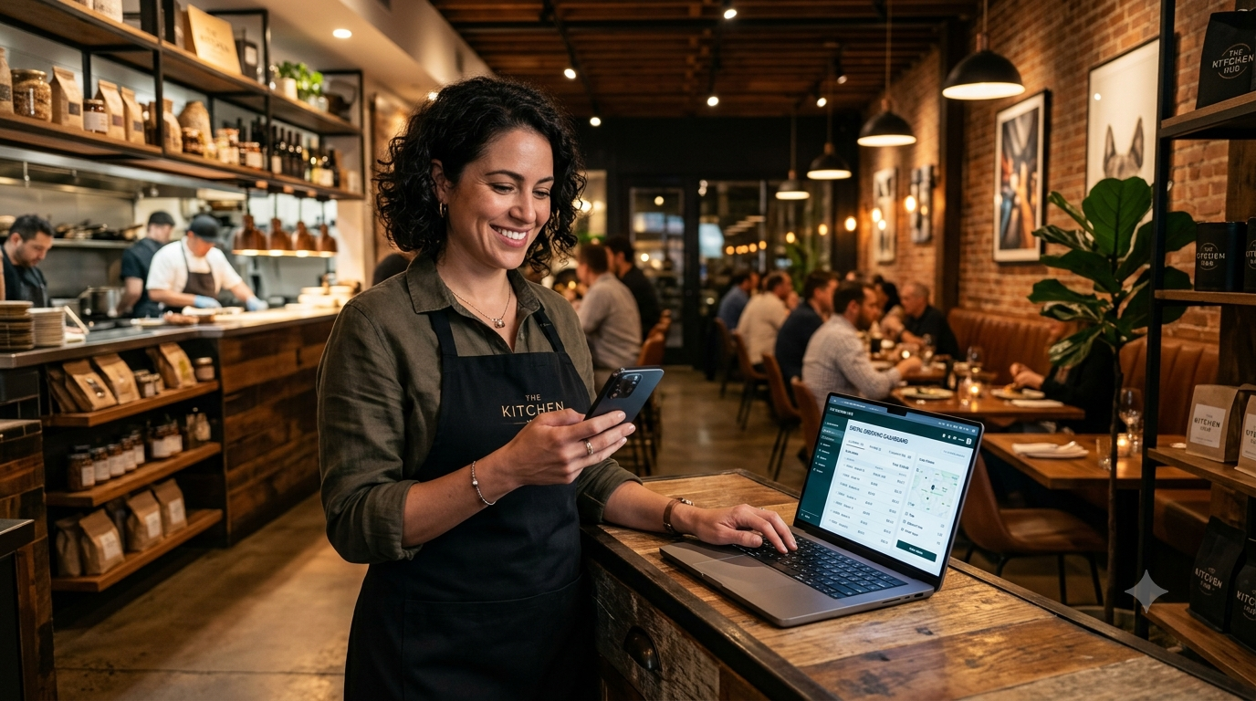 Restaurant owner managing direct online food orders through a branded website instead of third-party delivery apps