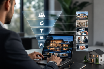 A real estate professional using a laptop in a modern office with a glowing digital sales funnel interface, luxury home listings, smartphone property browsing, client consultation, and handshake visuals, representing a high-converting digital marketing strategy for selling luxury homes. No text is visible in the image.