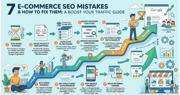 Infographic showing 7 common e-commerce SEO mistakes and practical fixes to improve website traffic and Google rankings.