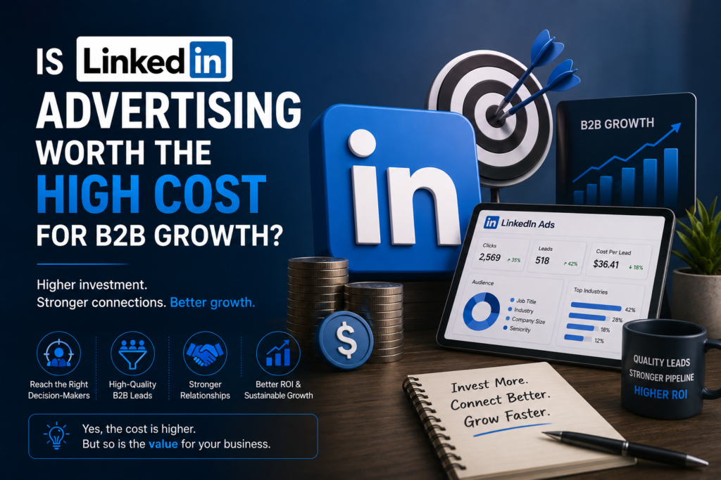 Professional illustration of LinkedIn Ads dashboard, ROI analytics, and business growth metrics demonstrating the value of LinkedIn advertising for B2B companies despite higher costs