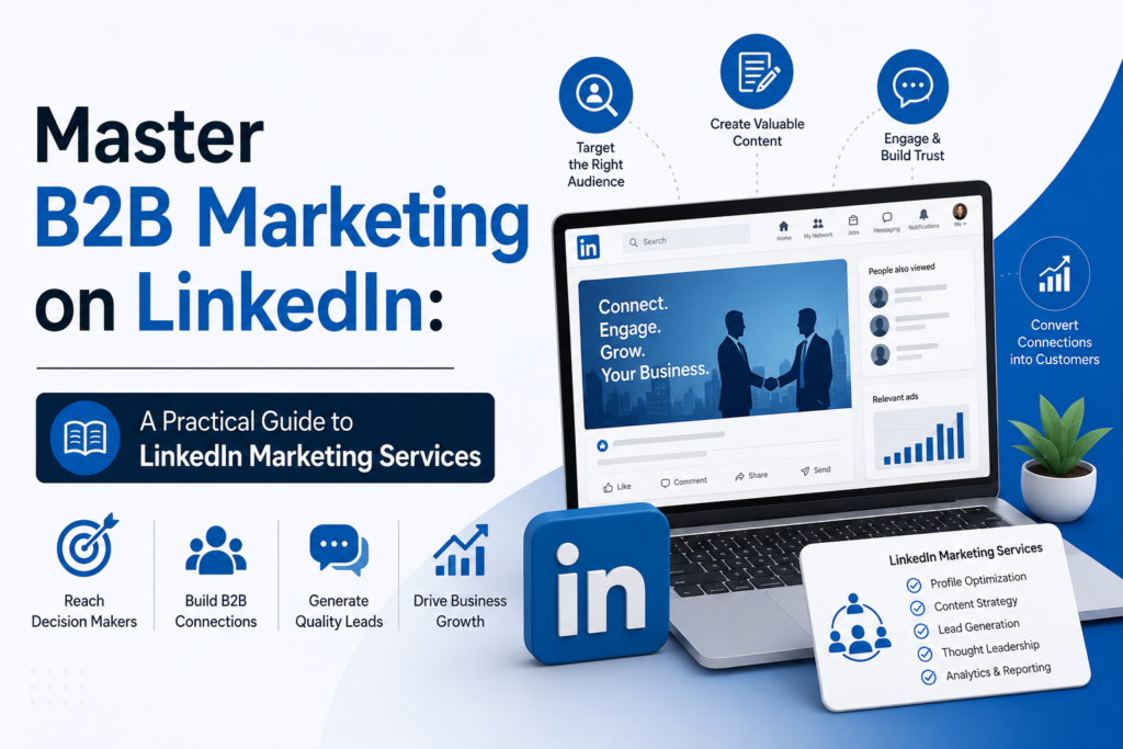 Master B2B Marketing on LinkedIn: Practical Guide to LinkedIn Marketing Services with lead generation, content strategy, profile optimization, and business growth visuals.