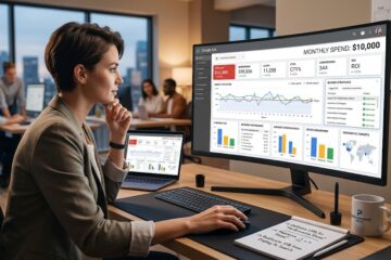 Professional analyzing business data on multiple dashboard screens in a modern office environment.