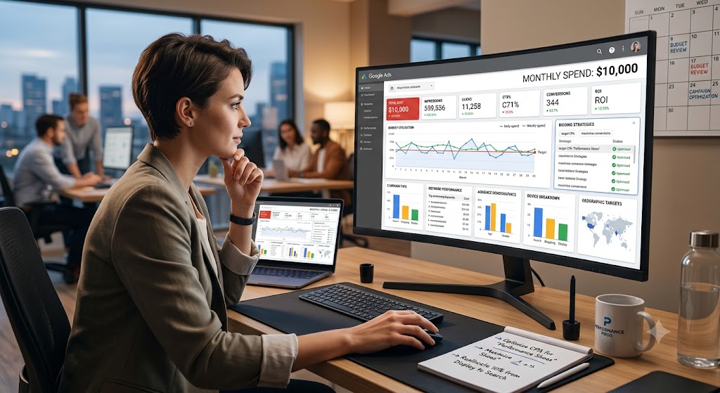 A marketing professional analyzing a Google Ads dashboard that shows a $10,000 monthly spend, campaign metrics, and charts at a modern office desk.