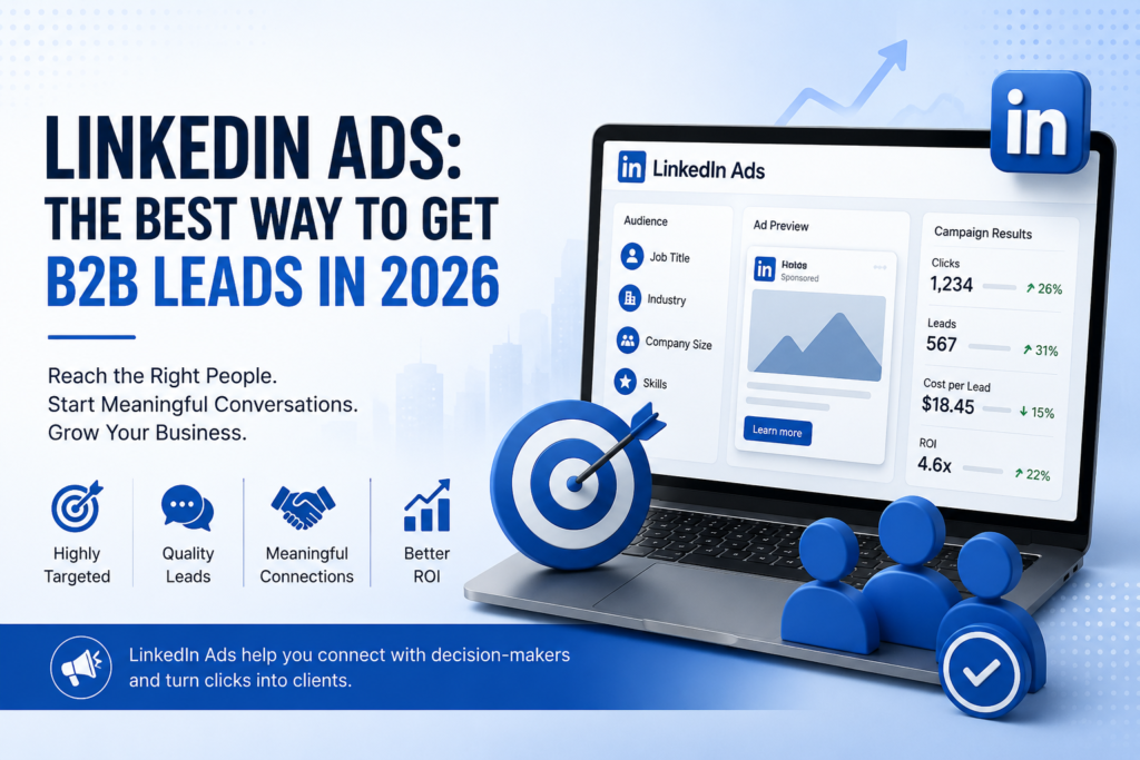 LinkedIn Ads dashboard illustration highlighting B2B lead generation, audience targeting, and campaign performance