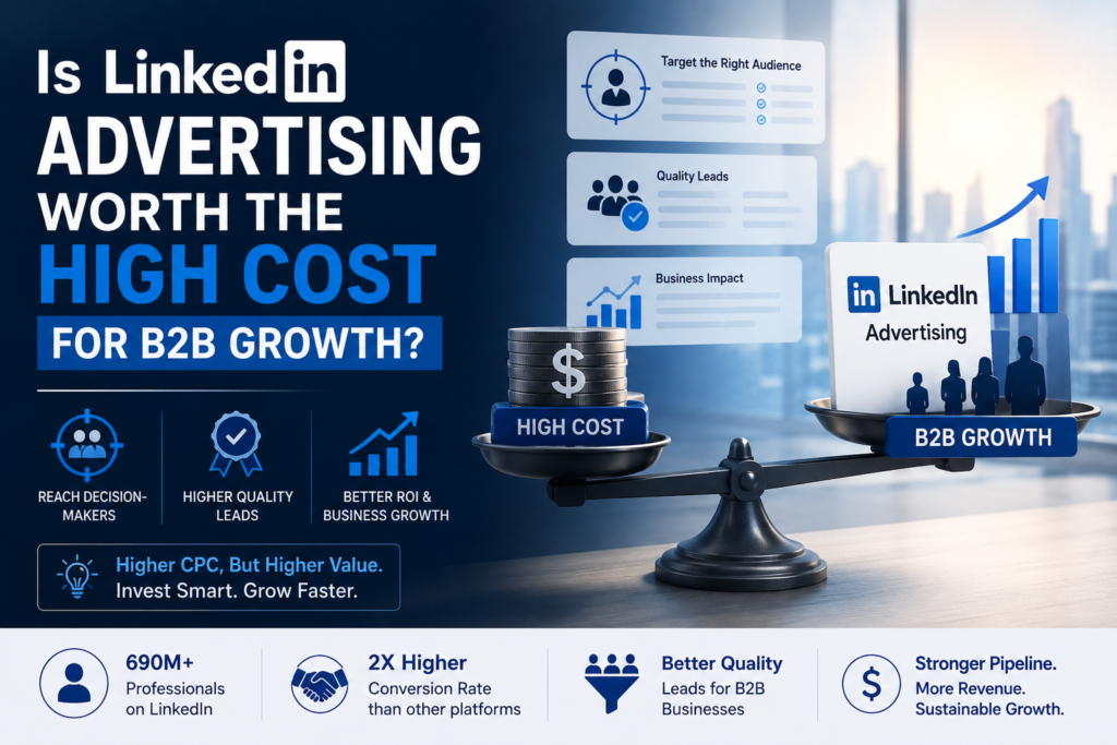 LinkedIn advertising illustration showing the balance between high advertising costs and B2B growth through quality leads, better ROI, and targeted marketing
