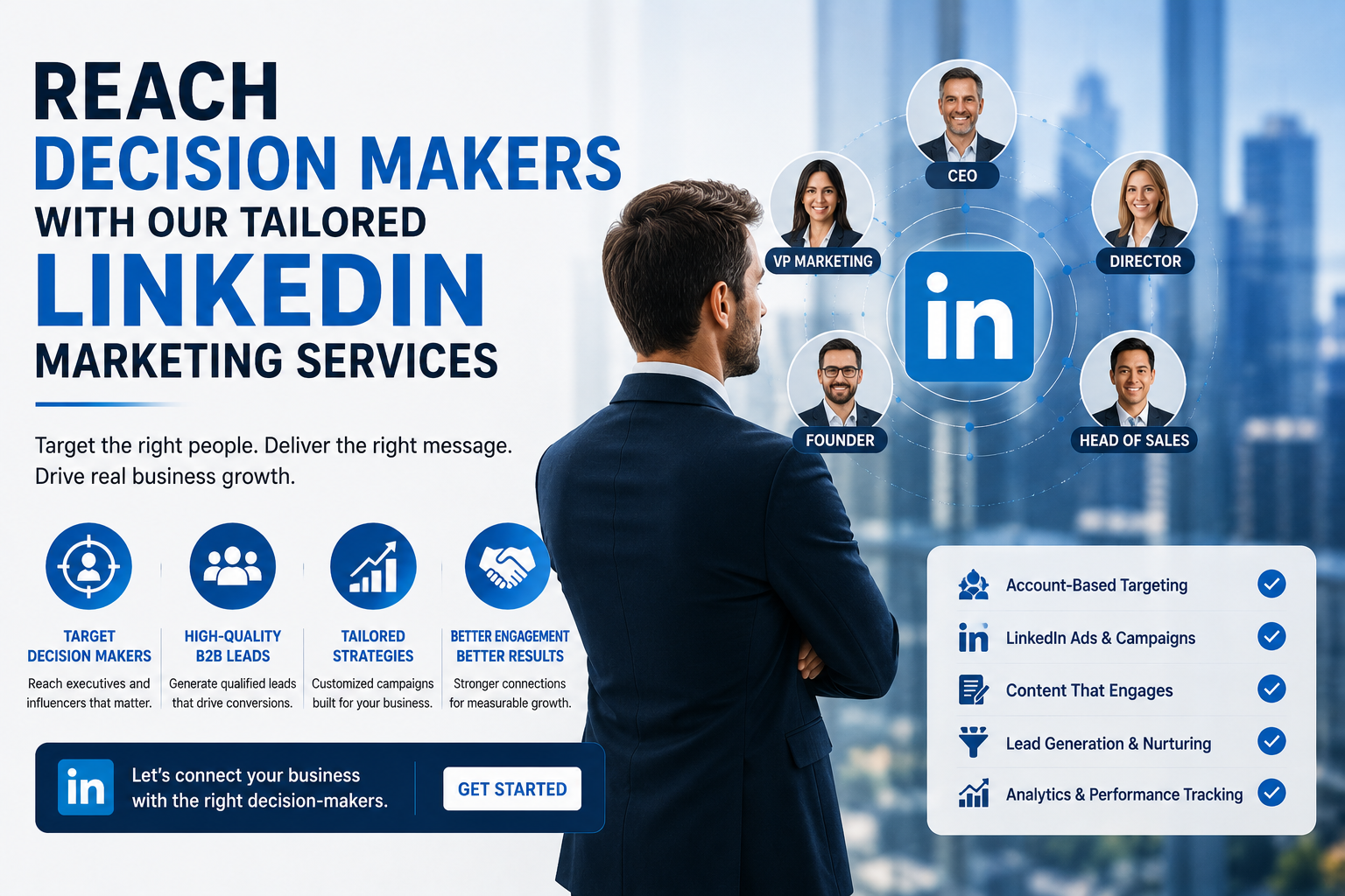 Business professional connected to CEOs, founders, directors, and sales leaders through LinkedIn marketing services, highlighting tailored B2B lead generation and account-based targeting strategies.