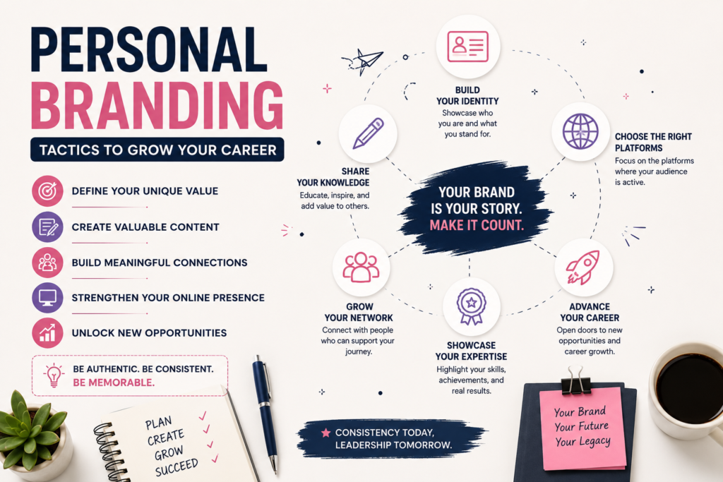 Personal branding tactics infographic highlighting professional identity, networking, valuable content, and career advancement.
