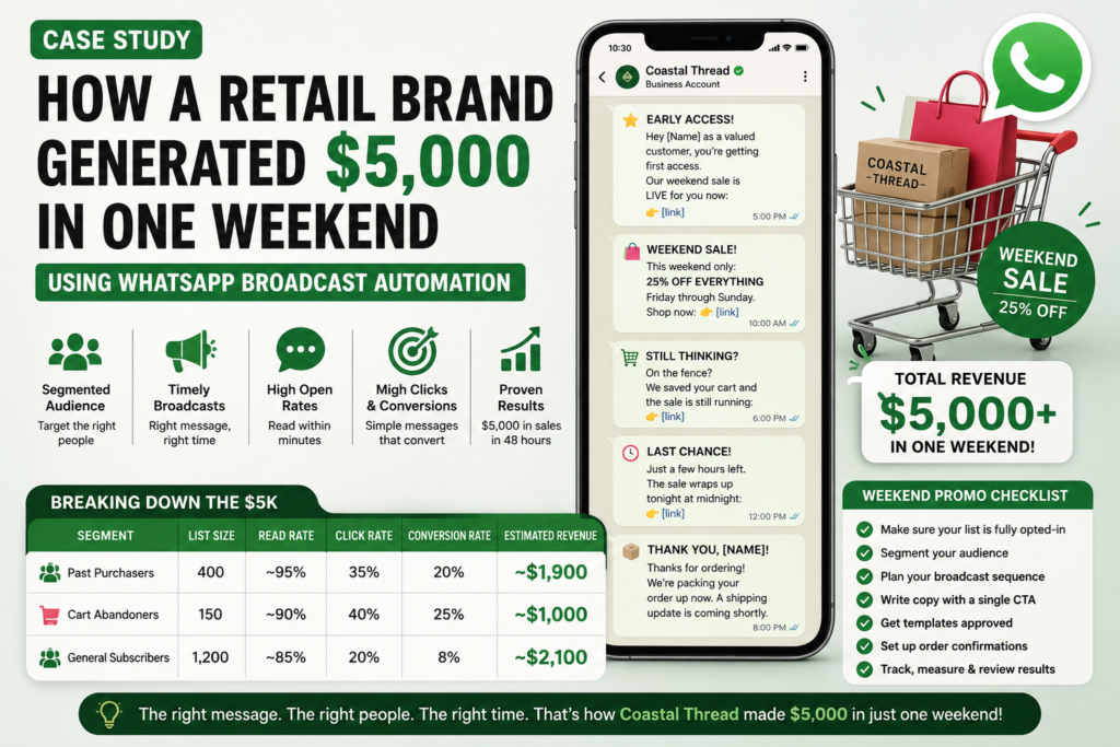 WhatsApp Broadcast Automation case study showing how a retail brand generated $5,000 in one weekend through targeted customer messaging and segmented broadcast campaigns.