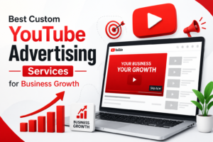 Custom YouTube advertising services for business growth with laptop, YouTube ads, target icon, and growth chart