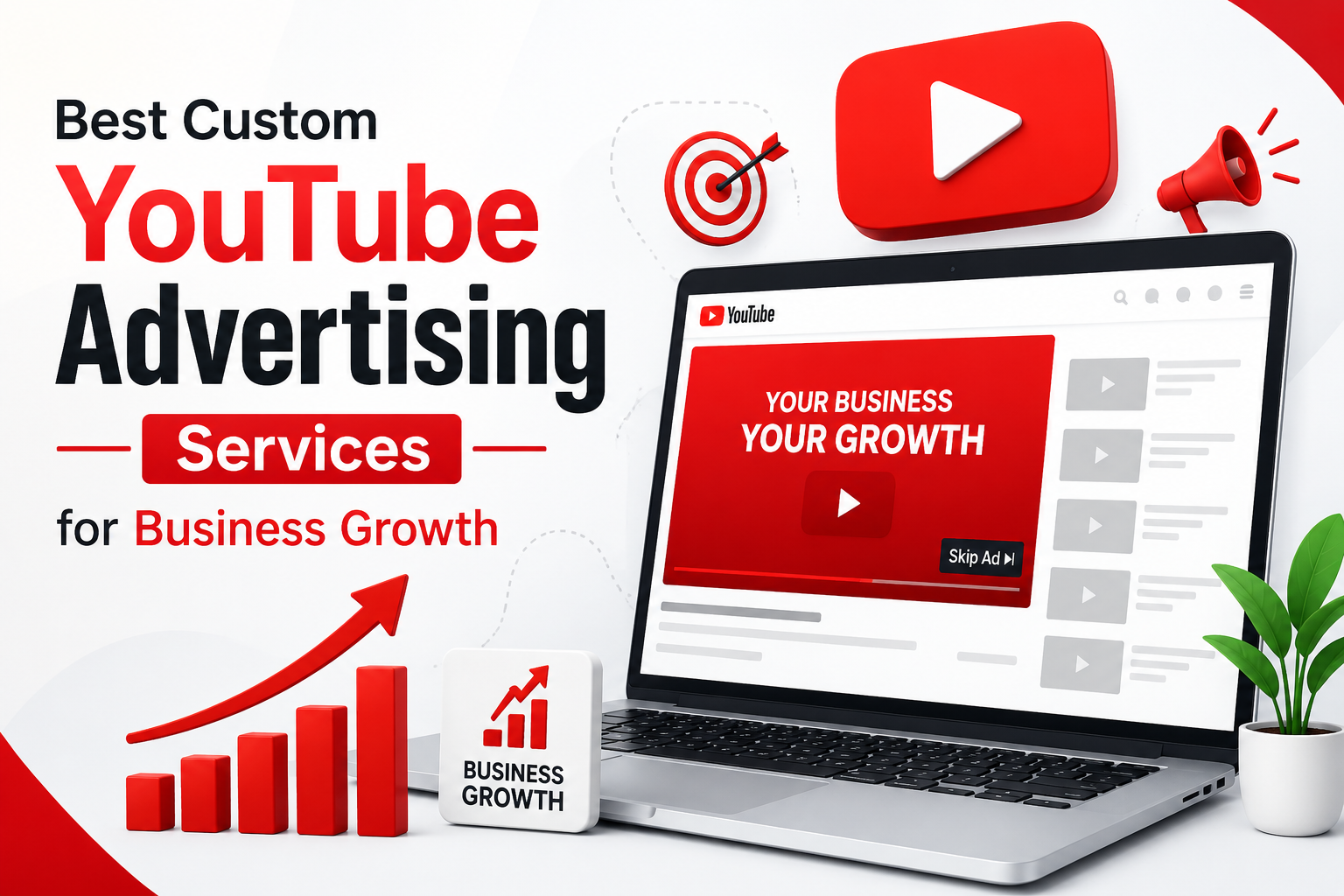 Custom YouTube advertising services for business growth with laptop, YouTube ads, target icon, and growth chart