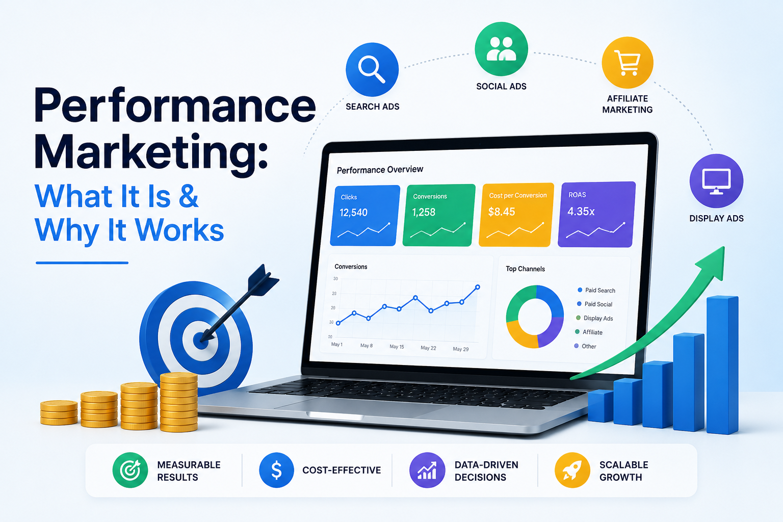 Performance marketing dashboard showing campaign analytics, conversions, ROAS, and digital advertising channels for business growth.