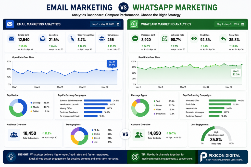 Email Marketing and WhatsApp Marketing analytics dashboard comparing open rates, click-through rates, and customer engagement