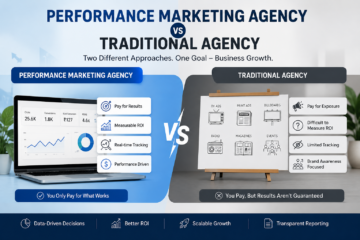 Performance Marketing Agency vs Traditional Agency comparison showing ROI tracking, measurable results, and data-driven marketing strategies.