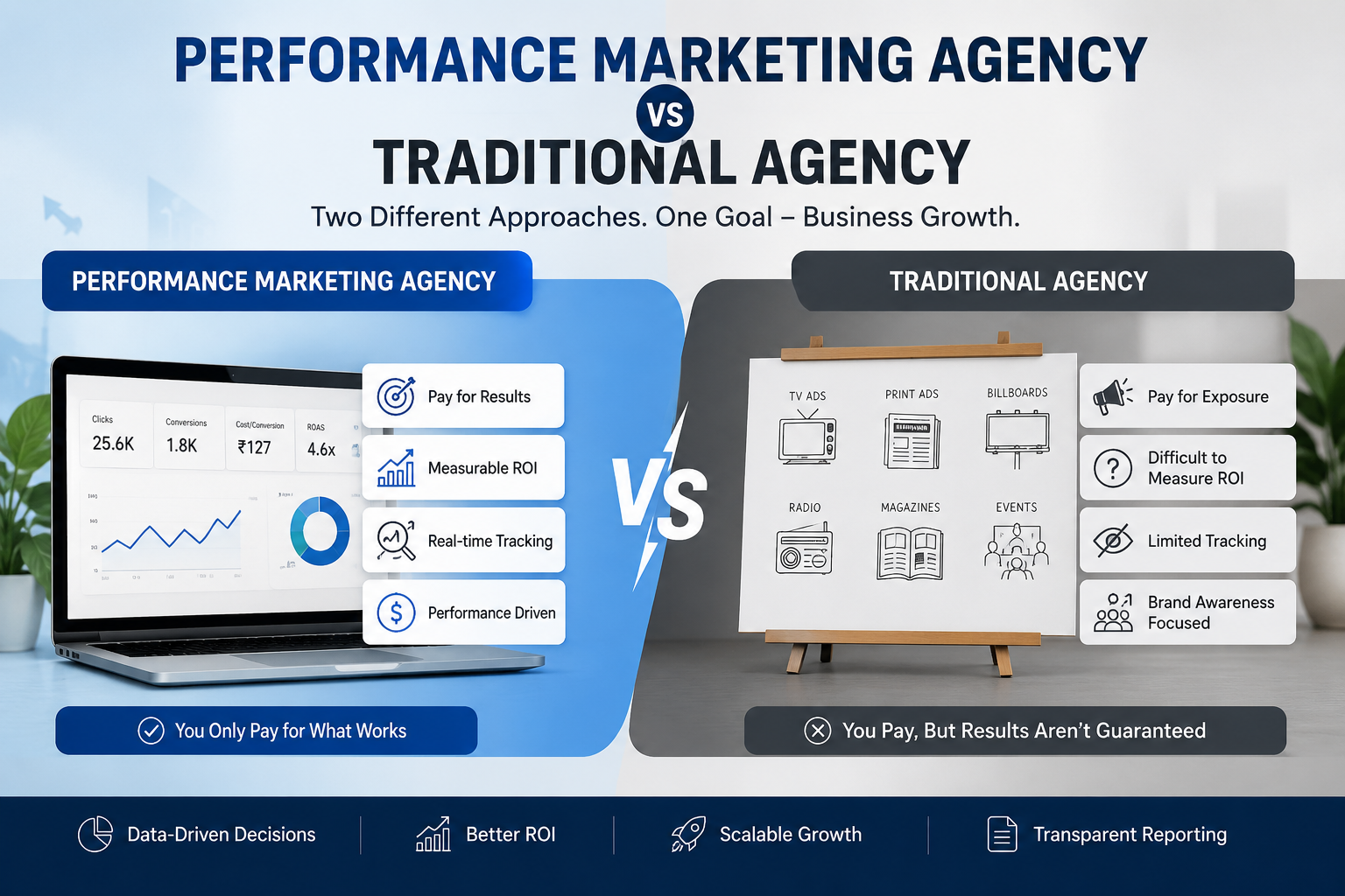 Performance Marketing Agency vs Traditional Agency comparison showing ROI tracking, measurable results, and data-driven marketing strategies.
