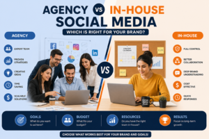 If showing a comparison graphic: "A split-screen graphic comparing an individual in-house employee working at a desk versus a collaborative social media agency team."