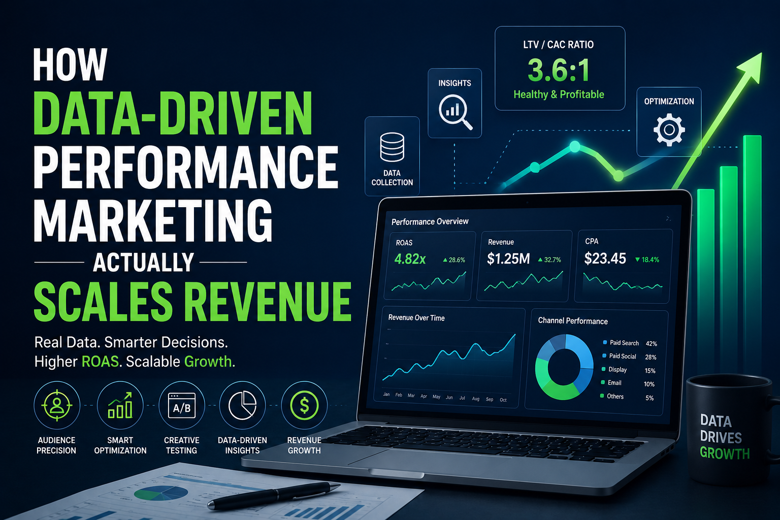 Data-driven performance marketing dashboard showing analytics, ROAS, revenue growth, audience targeting, and campaign optimization.