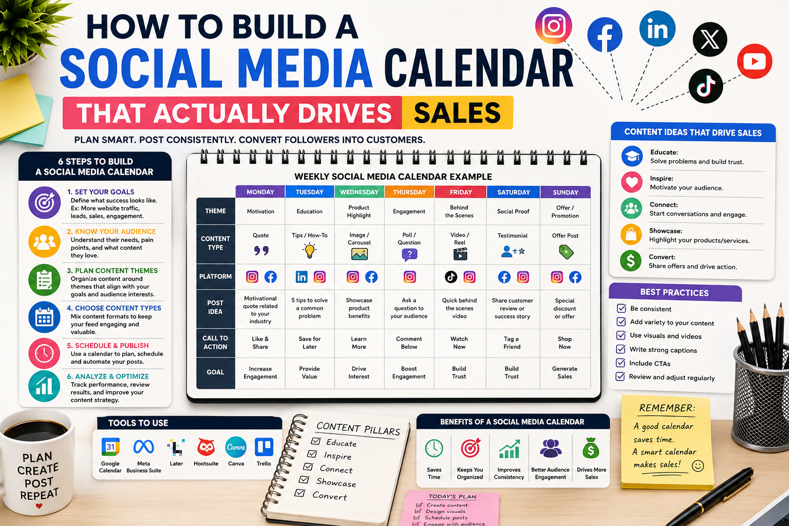 If showing a digital calendar: "A digital social media content calendar grid showing planned posts, color-coded by campaign."