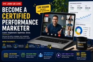 Live Certified Performance Marketer webinar featuring expert instructors, digital marketing training, curriculum overview, and interactive Q&A session.