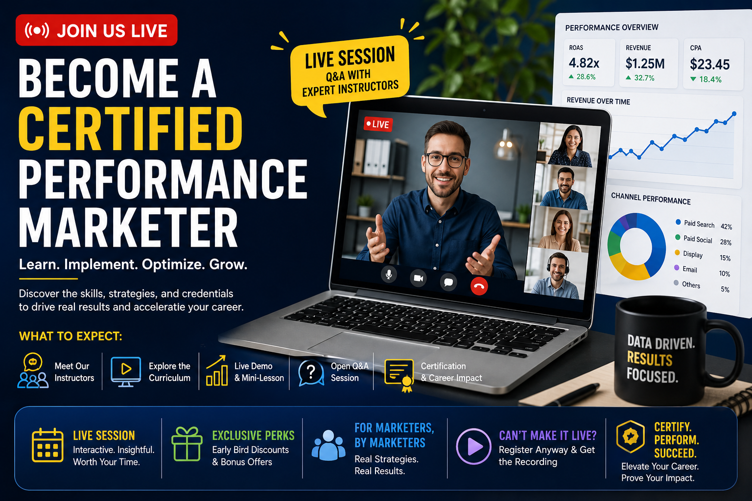 Live Certified Performance Marketer webinar featuring expert instructors, digital marketing training, curriculum overview, and interactive Q&A session.