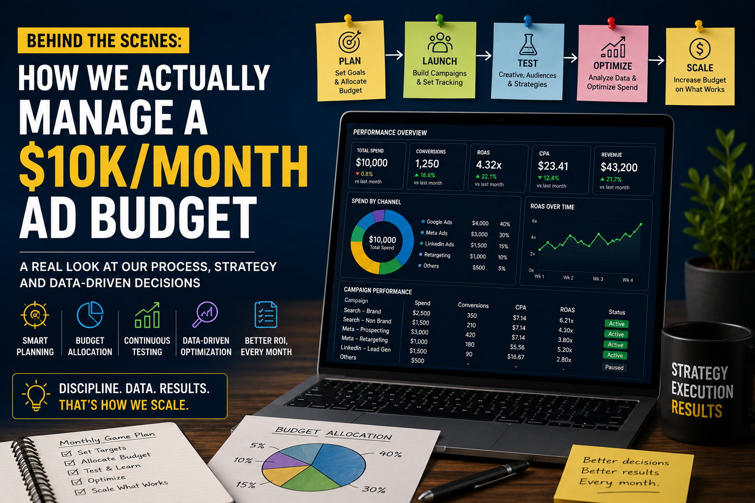 $10K monthly ad budget management dashboard showing campaign performance, budget allocation, ROAS, and data-driven marketing optimization.