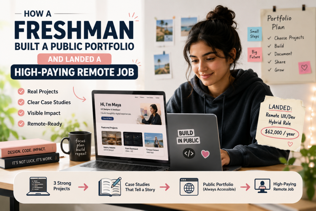 Freshman building a public portfolio on a laptop to showcase projects and land a high-paying remote job.