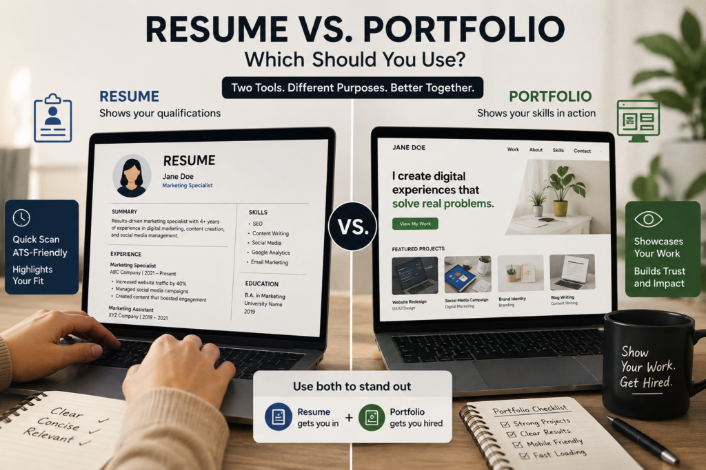 Resume beside a laptop displaying a portfolio website, showing how job seekers present their skills to hiring managers.