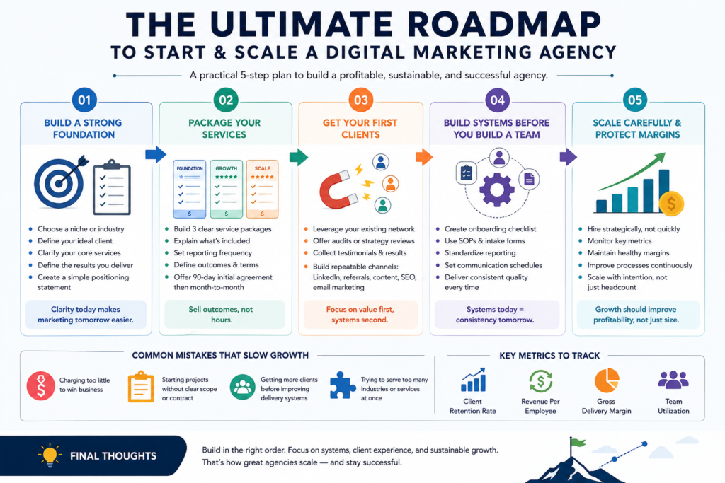 "Infographic illustrating a step-by-step roadmap to start and scale a digital marketing agency, covering niche selection, service packaging, client acquisition, agency systems, and profitable growth strategies."