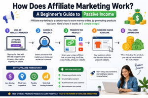 A colorful infographic explaining how affiliate marketing works in five simple steps: join an affiliate program, choose a product, promote it using an affiliate link, users click the link and make a purchase, and the affiliate earns a commission. The design also highlights benefits such as low startup costs, flexible work, and passive income potential.