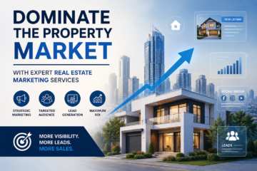 Modern luxury home displayed alongside digital real estate marketing tools, including a property website, social media promotion, campaign analytics, and a rising performance graph, illustrating expert real estate marketing strategies that increase online visibility, generate qualified leads, and boost property sales.