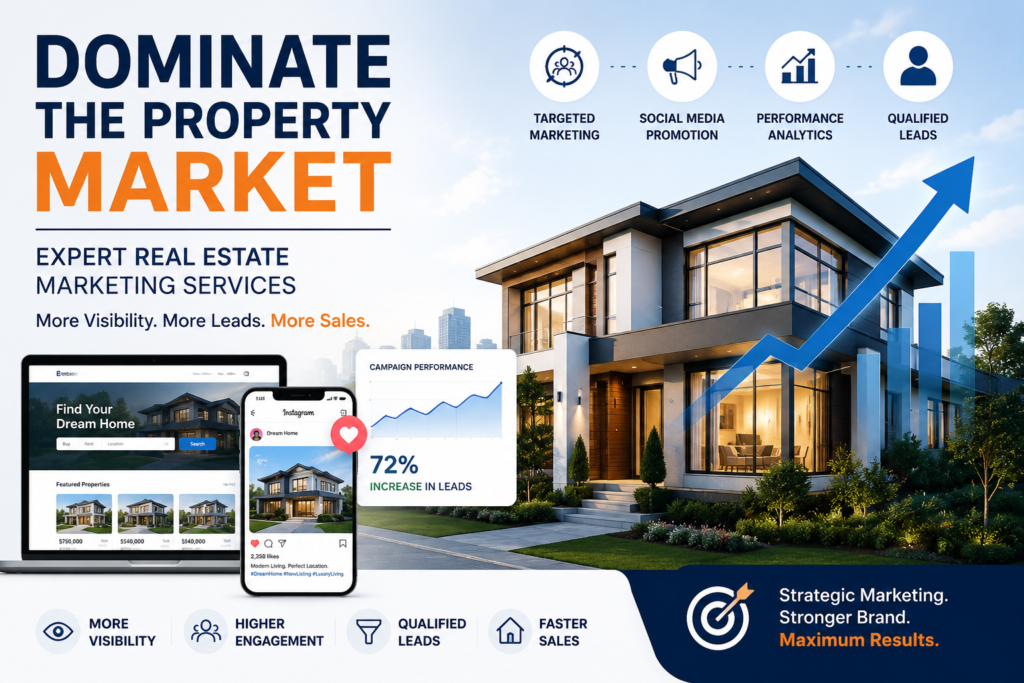 Modern luxury home displayed alongside digital real estate marketing tools, including a property website, social media promotion, campaign analytics, and a rising performance graph, illustrating expert real estate marketing strategies that increase online visibility, generate qualified leads, and boost property sales.