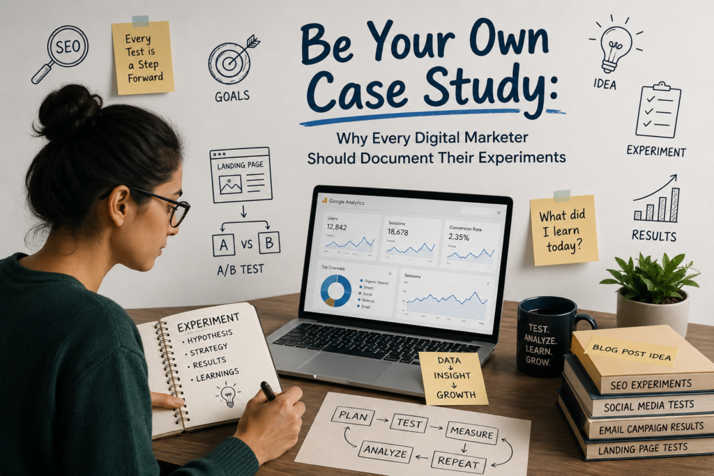 Digital marketer documenting marketing experiments for a digital marketing case study.