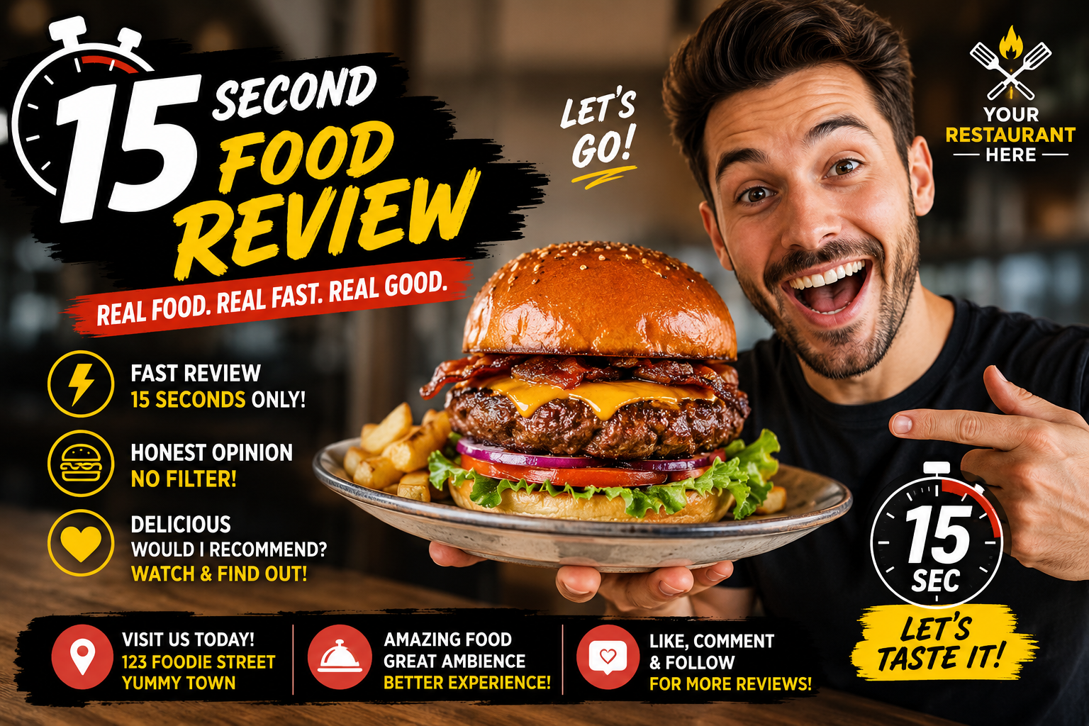 Customer filming a 15-second food review video of a restaurant's signature dish using a smartphone