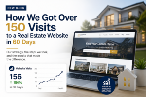 A modern real estate website displayed on a laptop with an upward traffic graph and analytics dashboard, representing a case study of growing website visits through digital marketing over a 60-day period.