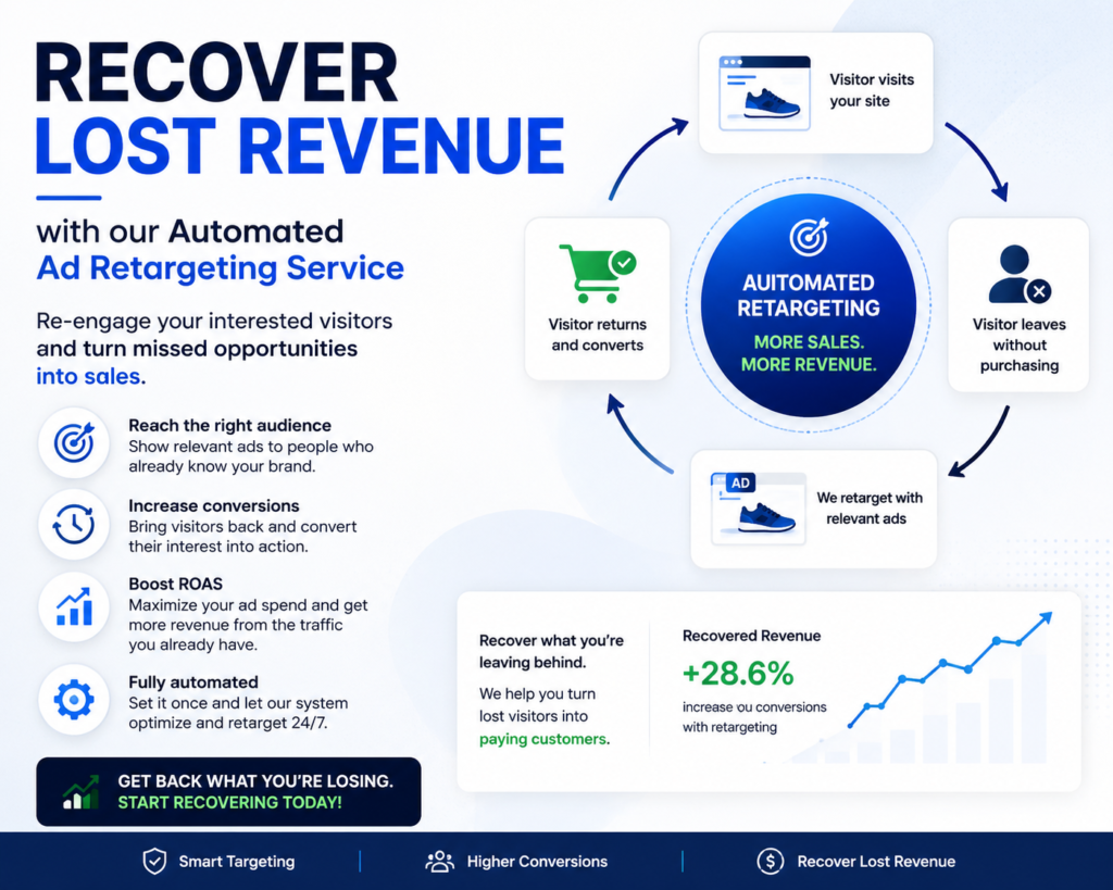 Illustration promoting an automated ad retargeting service with the headline 'Recover Lost Revenue with Our Automated Ad Retargeting Service.' The graphic shows a customer journey from visiting a website to leaving without purchasing, then being retargeted with personalized ads and returning to complete a purchase. It highlights benefits such as increased conversions, higher ROAS, smart audience targeting, and 24/7 automation, alongside a rising revenue chart."