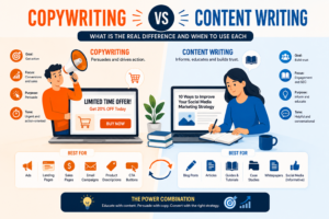 Infographic comparing copywriting and content writing, highlighting their goals, focus, tone, and best use cases such as ads, landing pages, blogs, articles, and SEO content.