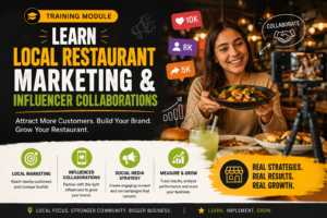Restaurant marketing training with influencer collaboration and social media strategy.