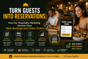 Hospitality marketing banner promoting table bookings, online orders, and restaurant growth through digital marketing.