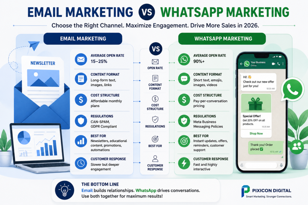 Email Marketing vs WhatsApp Marketing comparison for businesses in 2026