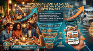 Illustration showing a restaurant marketing funnel where social media engagement, exclusive offers, and online table booking convert followers into in-person diners, leading to increased reservations and higher customer conversions.