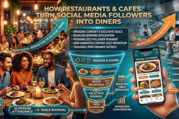 Illustration showing a restaurant marketing funnel where social media engagement, exclusive offers, and online table booking convert followers into in-person diners, leading to increased reservations and higher customer conversions.