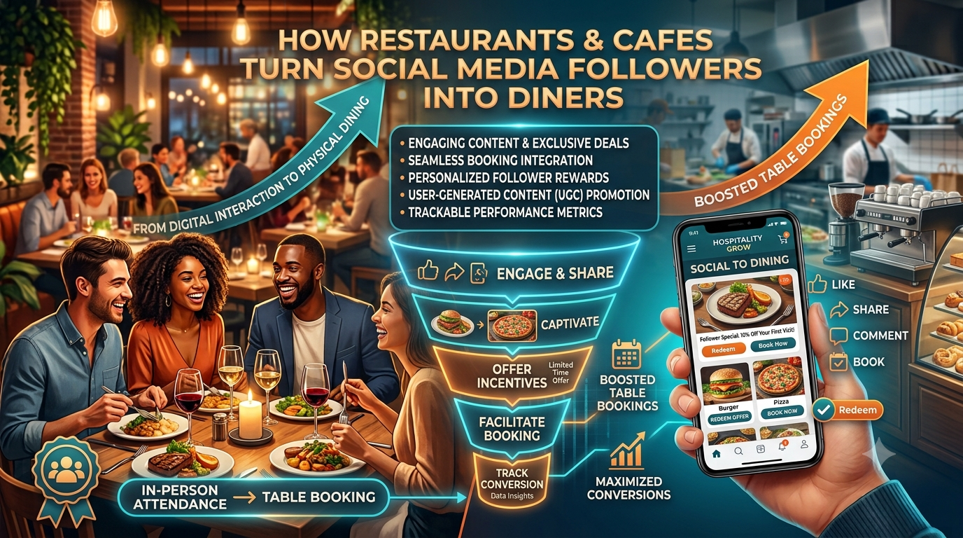 Illustration showing a restaurant marketing funnel where social media engagement, exclusive offers, and online table booking convert followers into in-person diners, leading to increased reservations and higher customer conversions.