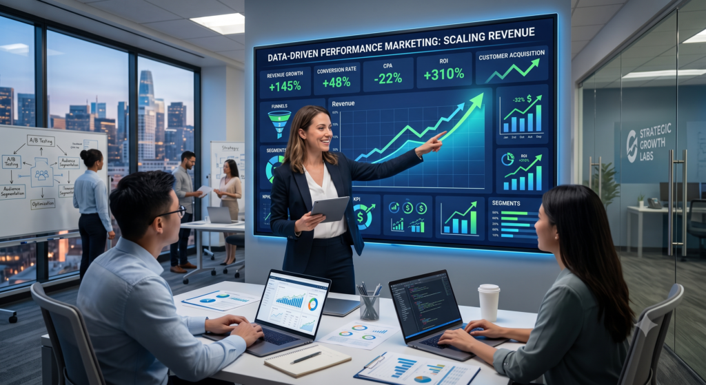 A marketing professional points to an upward-trending revenue growth chart on a large digital dashboard during a team presentation about data-driven performance marketing.