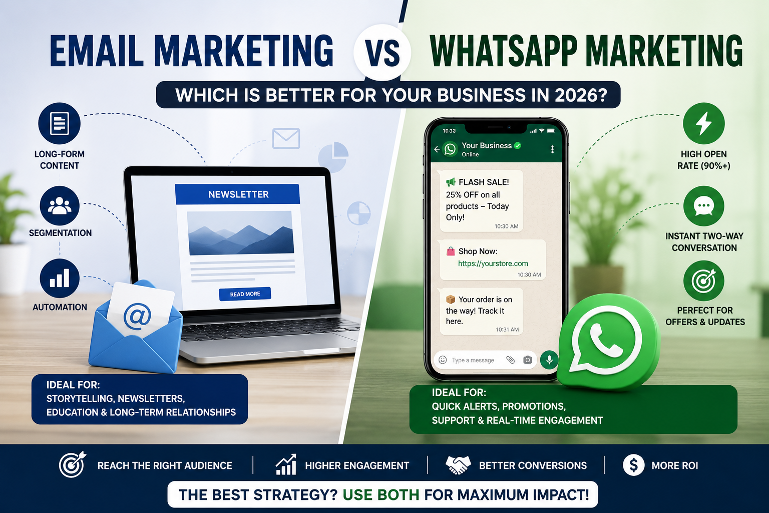 Email vs WhatsApp Marketing comparison showing the key differences, benefits, open rates, customer engagement, and best use cases for businesses.