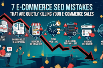 An infographic titled "7 E-Commerce SEO Mistakes That Are Quietly Killing Your E-Commerce Sales" featuring a plunging red sales arrow. It outlines seven numbered mistakes: duplicate content, poor product descriptions, no mobile optimization, slow page load, neglecting technical SEO, ignoring user intent, and keyword stuffing.