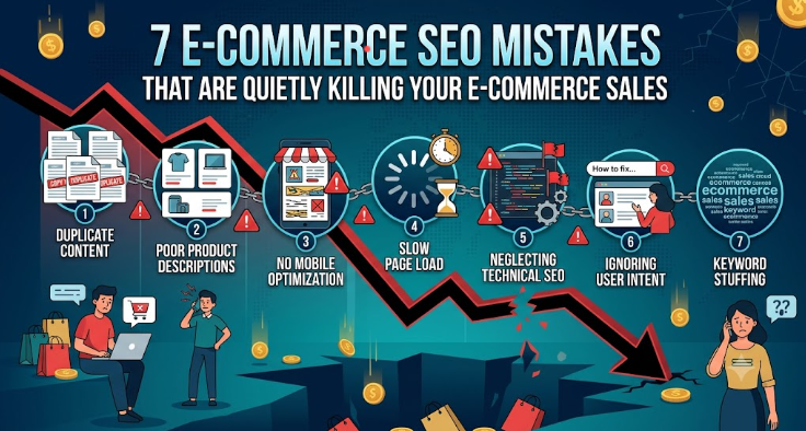 An infographic titled "7 E-Commerce SEO Mistakes That Are Quietly Killing Your E-Commerce Sales" featuring a plunging red sales arrow. It outlines seven numbered mistakes: duplicate content, poor product descriptions, no mobile optimization, slow page load, neglecting technical SEO, ignoring user intent, and keyword stuffing.